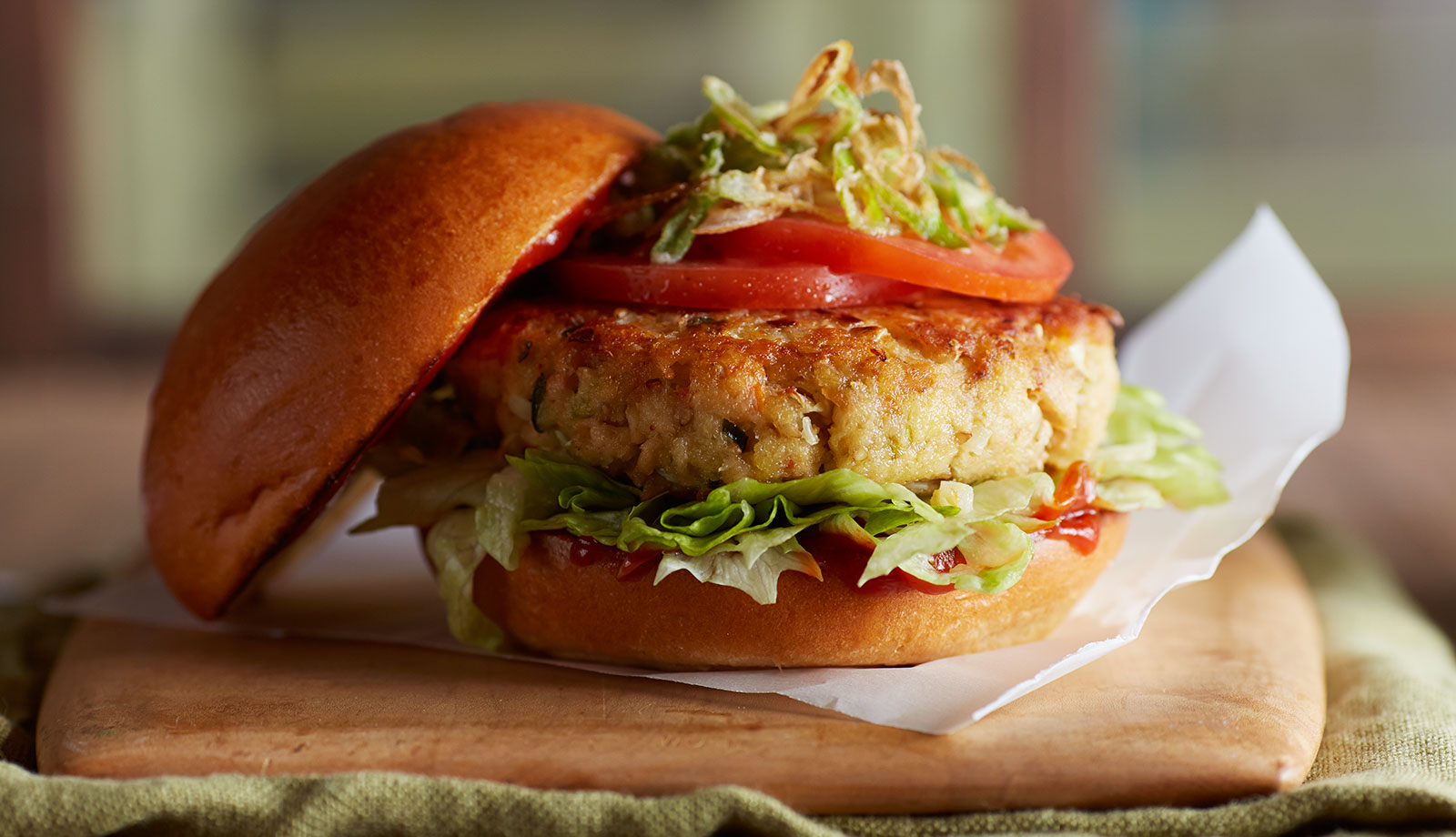 Wild Alaska Salmon Kimchi Burger by the Alaska Seafood Kitchen