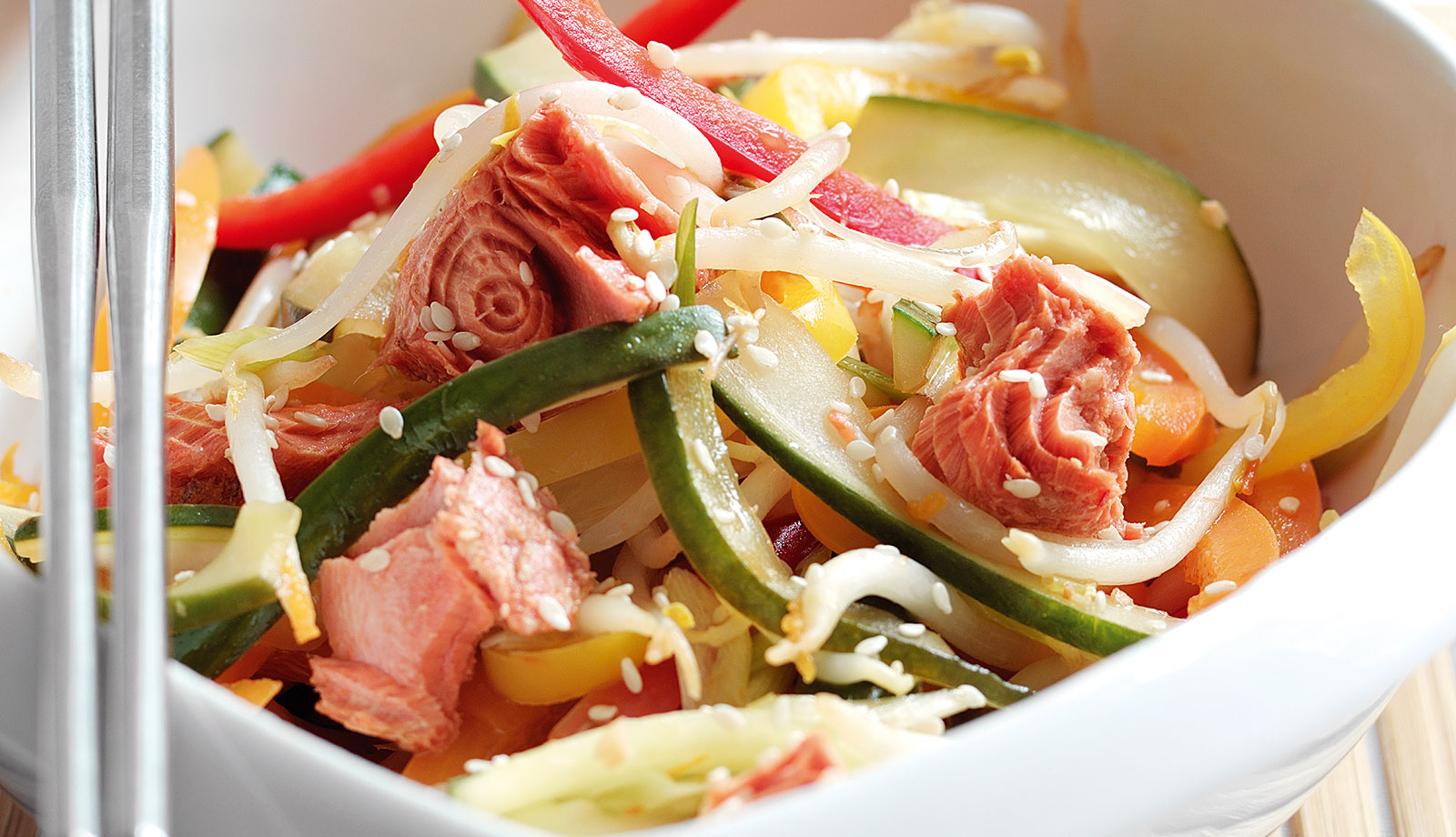 Wild Alaska Salmon, Pepper and Bean Sprout Stir-Fry