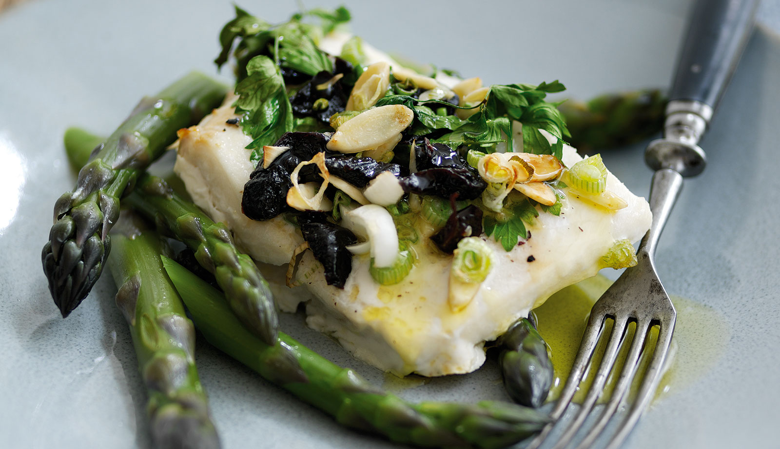 Prune, Almond and Parsley Topped Roast Wild Alaska Halibut