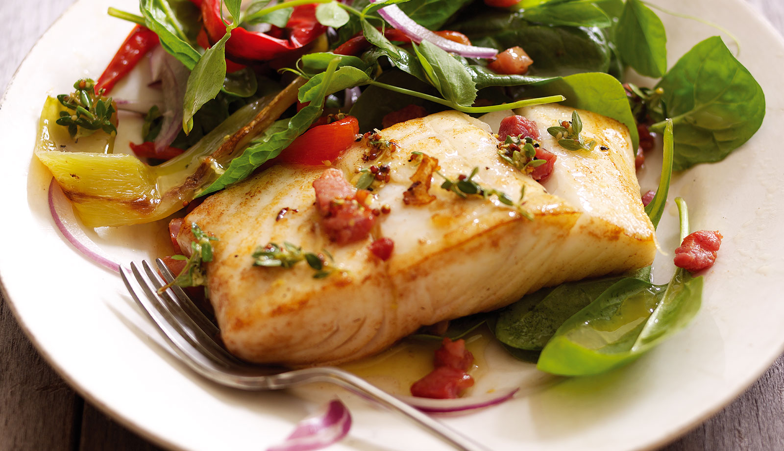 Seared Wild Alaska Halibut with Pancetta Salad