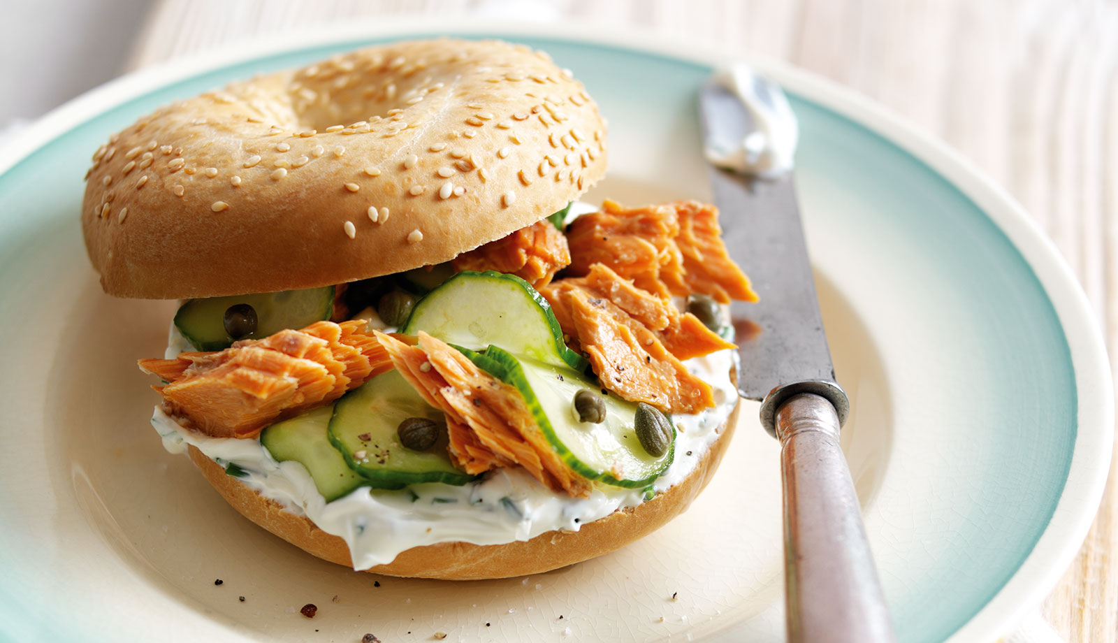 Wild Alaska Salmon and Pickled Cucumber Soft Cheese Bagels