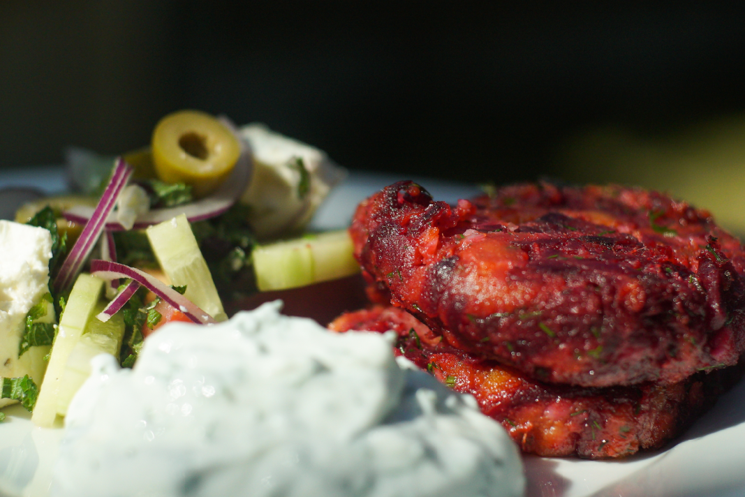 Alaska Pollock, Sweet Potato and Beetroot Fishcake Salad