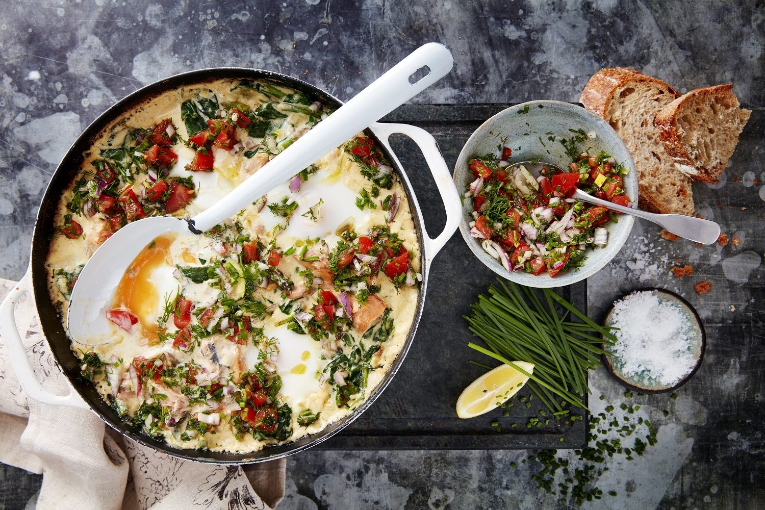 Alaska Pink Salmon, Baked Eggs, Chilli, Spinach and Red Onion